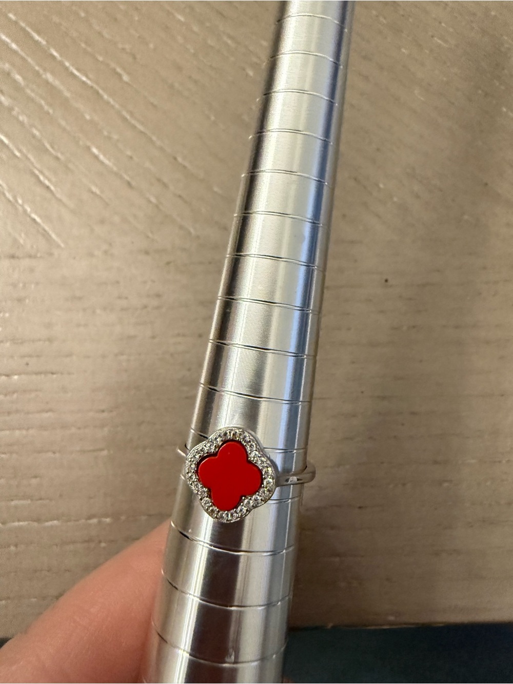 Red Clover-Style Silver Ring with Red Enamel and Crystal Border